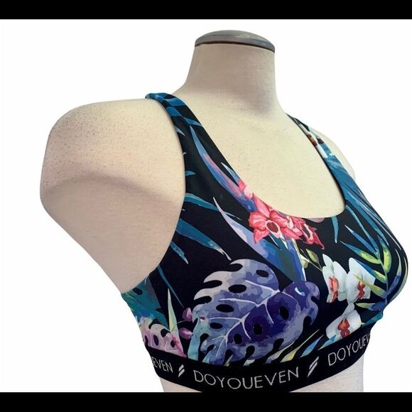 DOYOUEVEN black multicoloured floral tropical crisscross back sports bra Sz L - Picture 3 of 7